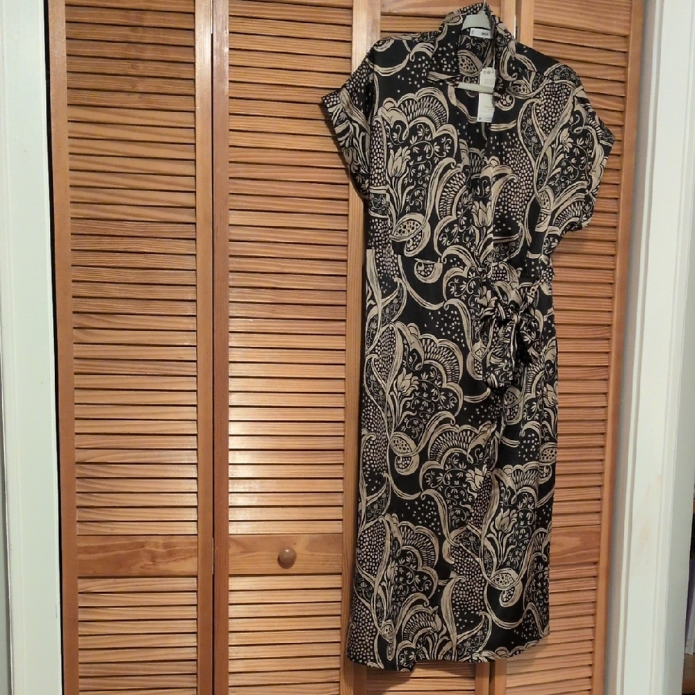 Mango Black and Gold Wrap Floral Midi Dress